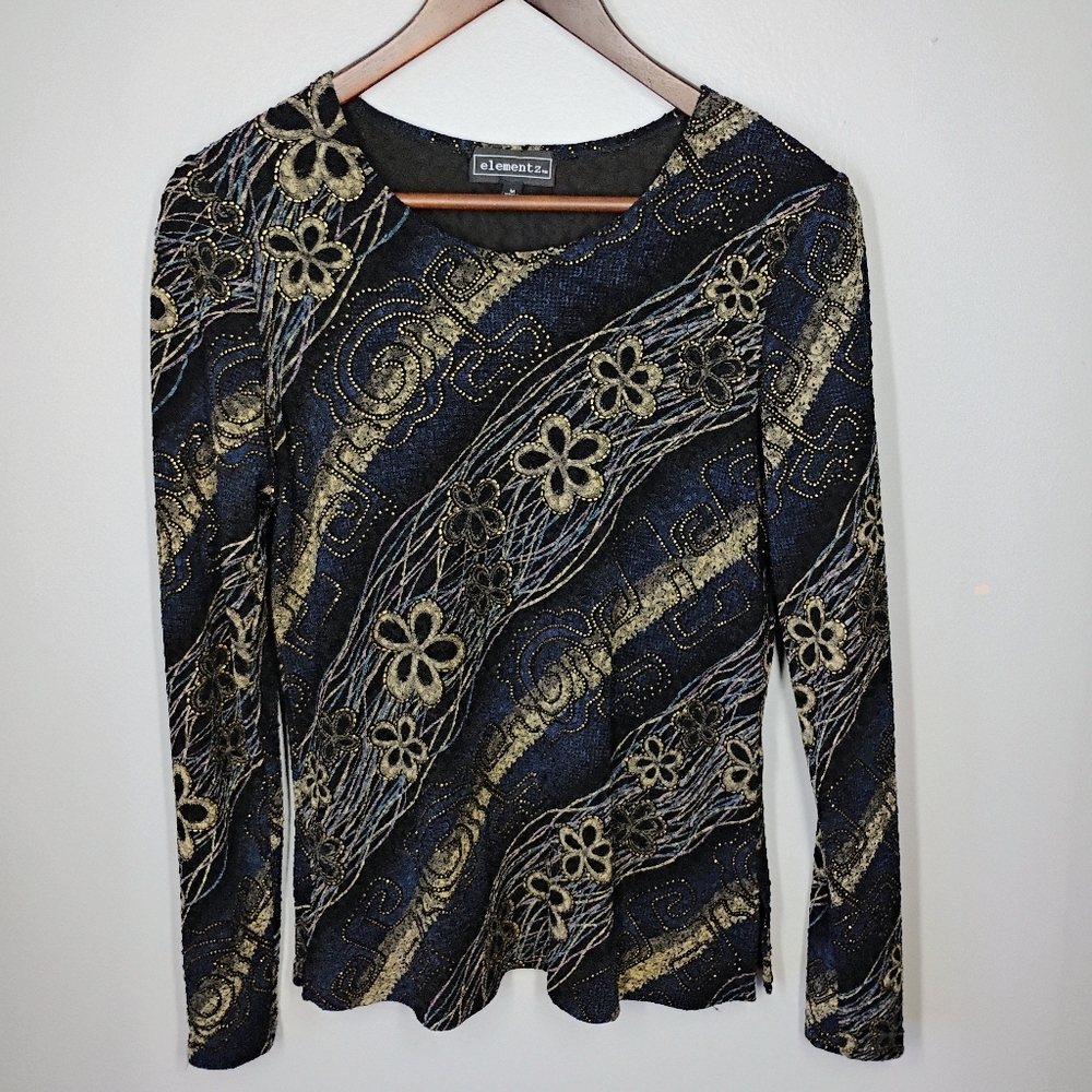 Elementz Y2K Floral Metallic Top Womens Medium Black Gold Retro Long Sleeve